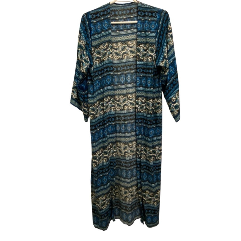 QBSM Women's OS Vibrant Blue and Gold longline lounge kimono Swimsuit Cover-Up